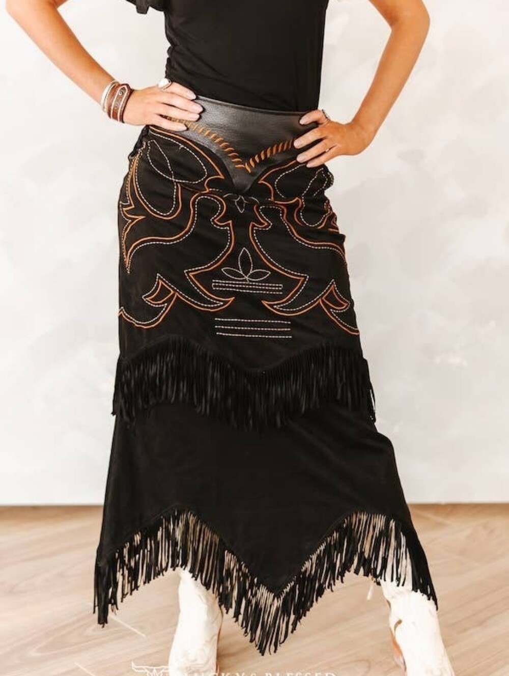 Black Boot Stitch Suede Fringe Skirt W Leather Upper Yoke